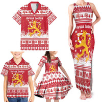 Finland Christmas Hannunvaakuna Family Matching Tank Maxi Dress and Hawaiian Shirt Hyvaa Joulua Nordic Snow Lion Red Version - Wonder Print Shop