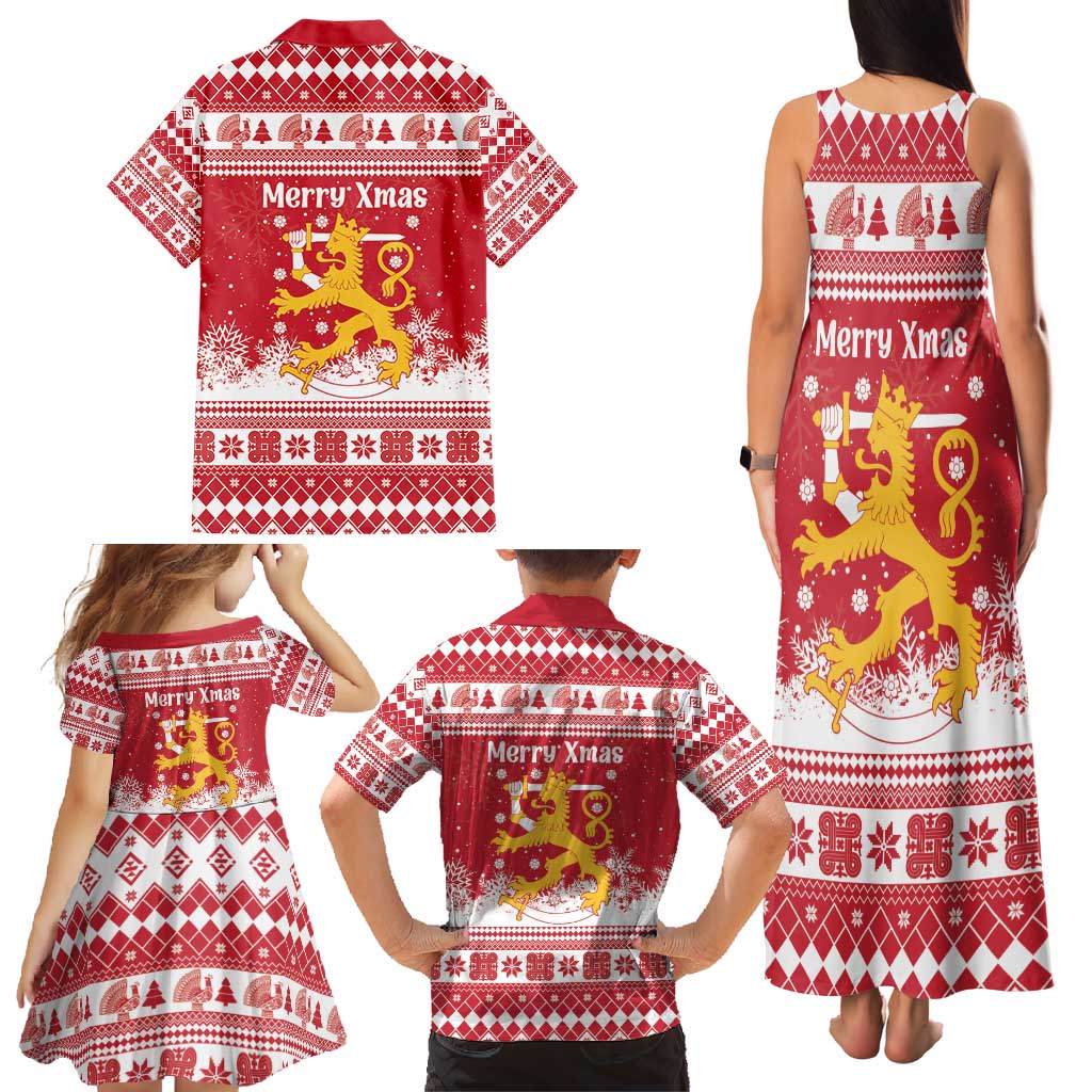 Finland Christmas Hannunvaakuna Family Matching Tank Maxi Dress and Hawaiian Shirt Hyvaa Joulua Nordic Snow Lion Red Version - Wonder Print Shop