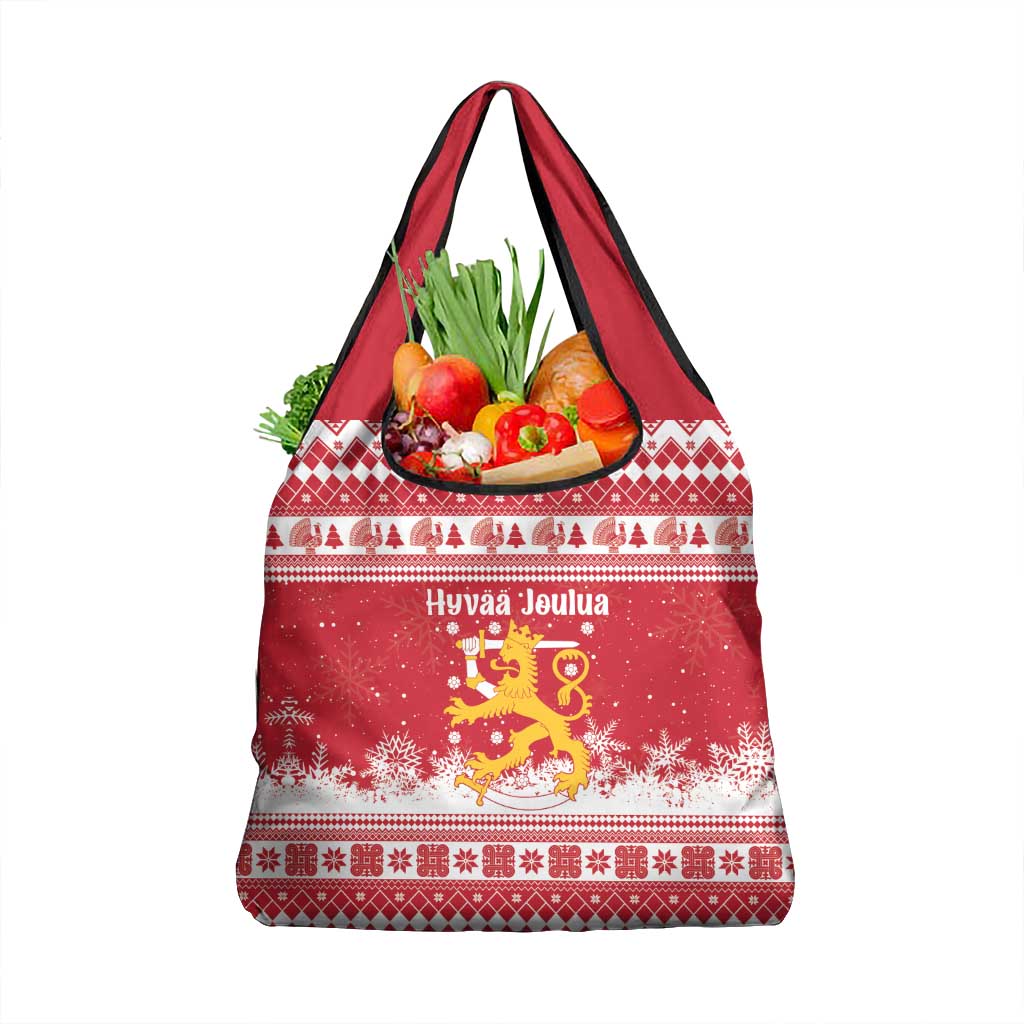 Finland Christmas Hannunvaakuna Grocery Bag Hyvaa Joulua Nordic Snow Lion Red Version - Wonder Print Shop