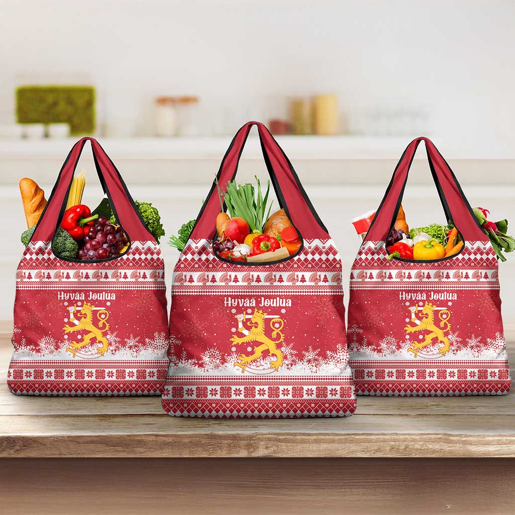 Finland Christmas Hannunvaakuna Grocery Bag Hyvaa Joulua Nordic Snow Lion Red Version - Wonder Print Shop
