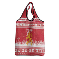 Finland Christmas Hannunvaakuna Grocery Bag Hyvaa Joulua Nordic Snow Lion Red Version - Wonder Print Shop