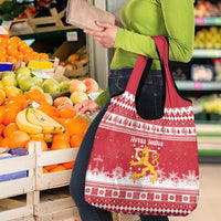 Finland Christmas Hannunvaakuna Grocery Bag Hyvaa Joulua Nordic Snow Lion Red Version - Wonder Print Shop