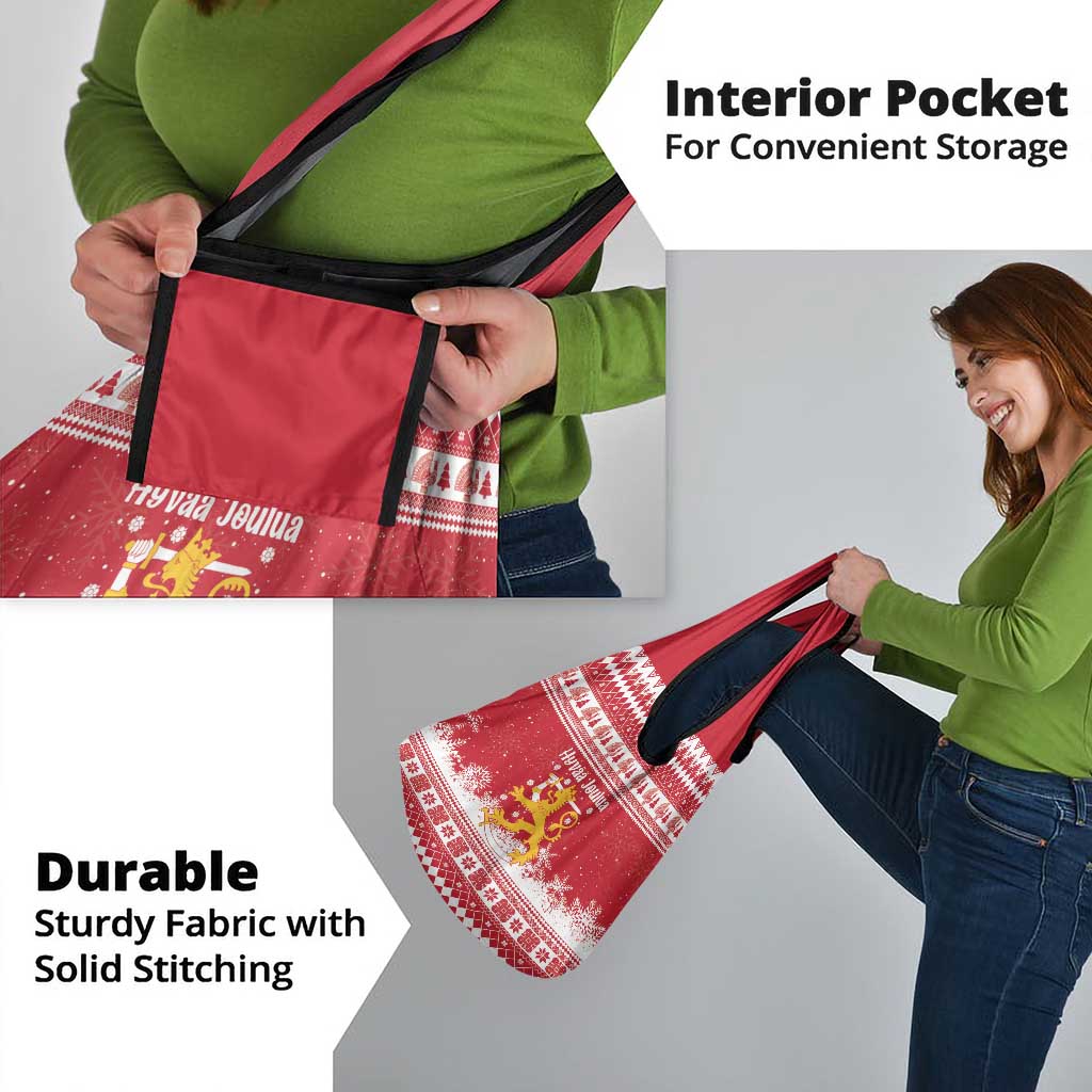 Finland Christmas Hannunvaakuna Grocery Bag Hyvaa Joulua Nordic Snow Lion Red Version - Wonder Print Shop