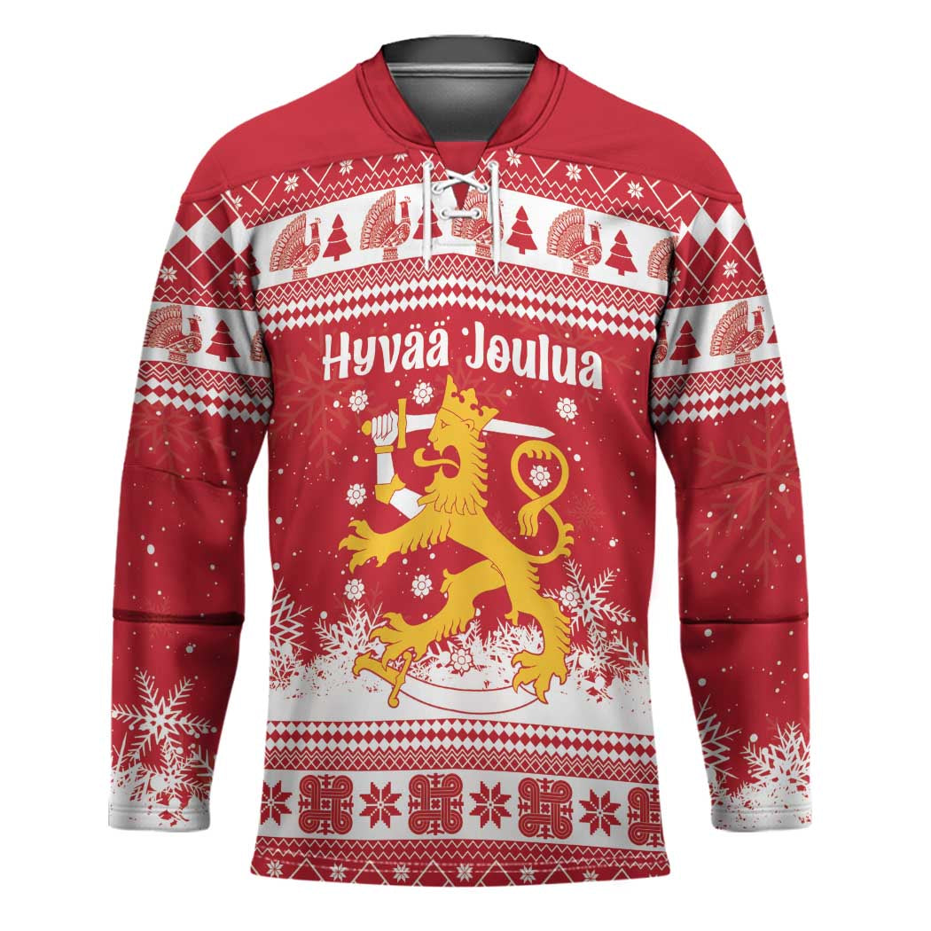 Finland Christmas Hannunvaakuna Hockey Jersey Hyvaa Joulua Nordic Snow Lion Red Version - Wonder Print Shop
