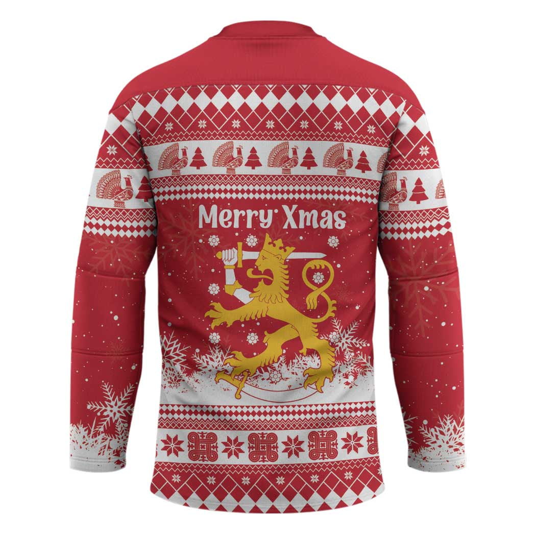 Finland Christmas Hannunvaakuna Hockey Jersey Hyvaa Joulua Nordic Snow Lion Red Version - Wonder Print Shop