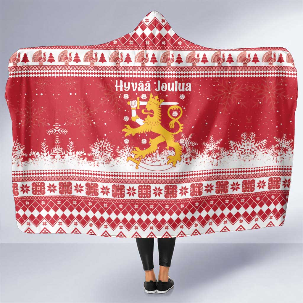 Finland Christmas Hannunvaakuna Hooded Blanket Hyvaa Joulua Nordic Snow Lion Red Version - Wonder Print Shop