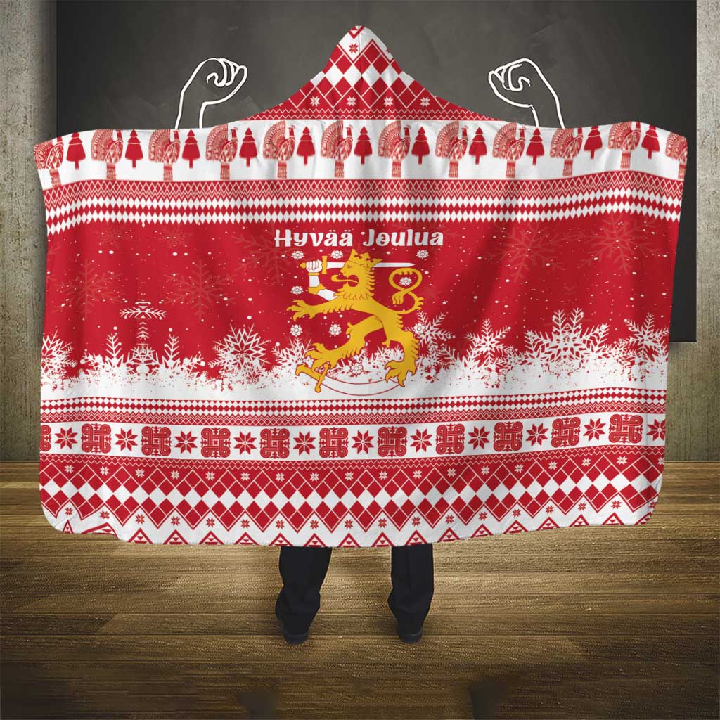 Finland Christmas Hannunvaakuna Hooded Blanket Hyvaa Joulua Nordic Snow Lion Red Version - Wonder Print Shop