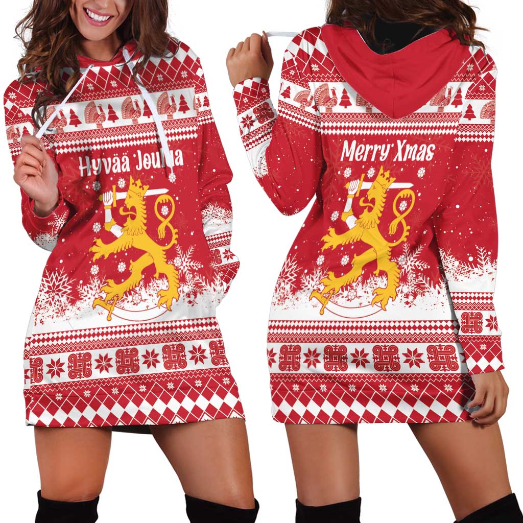 Finland Christmas Hannunvaakuna Hoodie Dress Hyvaa Joulua Nordic Snow Lion Red Version - Wonder Print Shop