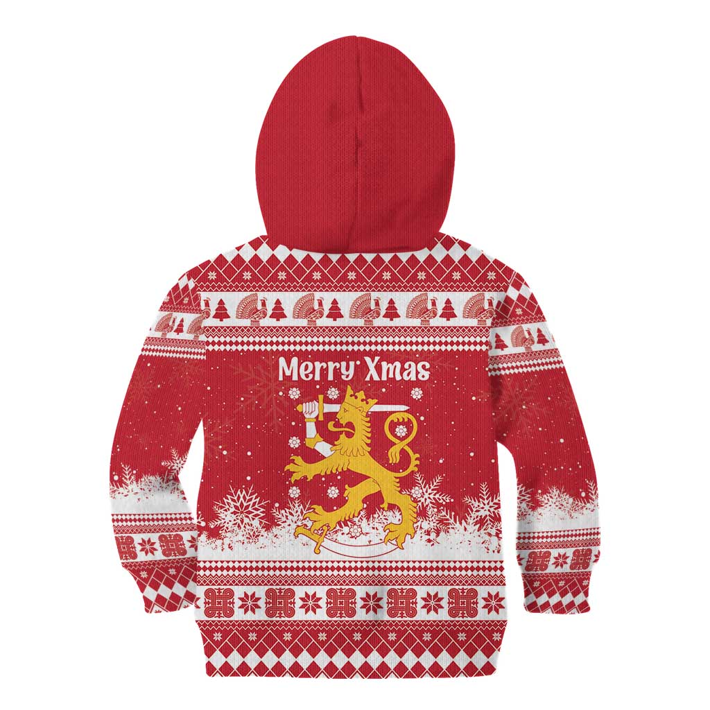 Finland Christmas Hannunvaakuna Kid Hoodie Hyvaa Joulua Nordic Snow Lion Red Version - Wonder Print Shop