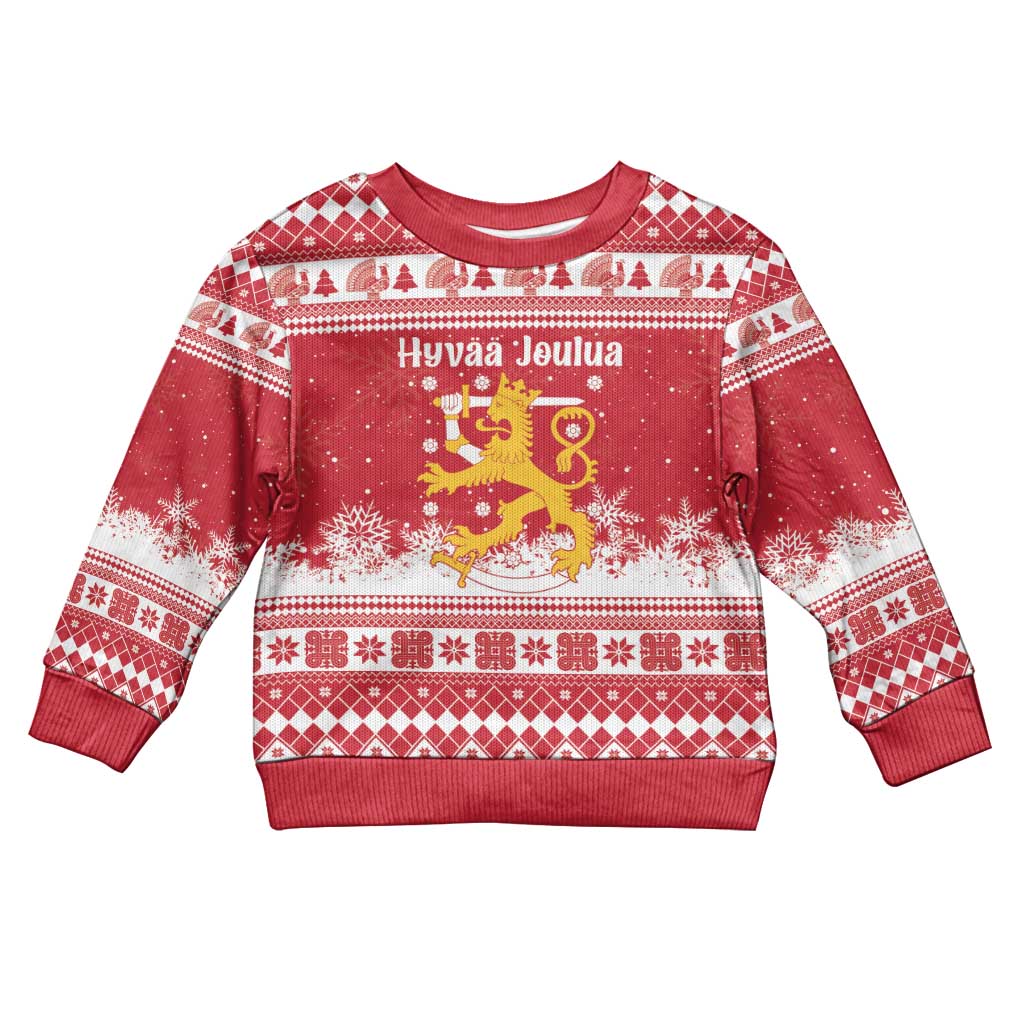 Finland Christmas Hannunvaakuna Kid Ugly Christmas Sweater Hyvaa Joulua Nordic Snow Lion Red Version - Wonder Print Shop
