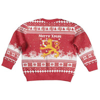 Finland Christmas Hannunvaakuna Kid Ugly Christmas Sweater Hyvaa Joulua Nordic Snow Lion Red Version - Wonder Print Shop