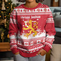 Finland Christmas Hannunvaakuna Kid Ugly Christmas Sweater Hyvaa Joulua Nordic Snow Lion Red Version - Wonder Print Shop