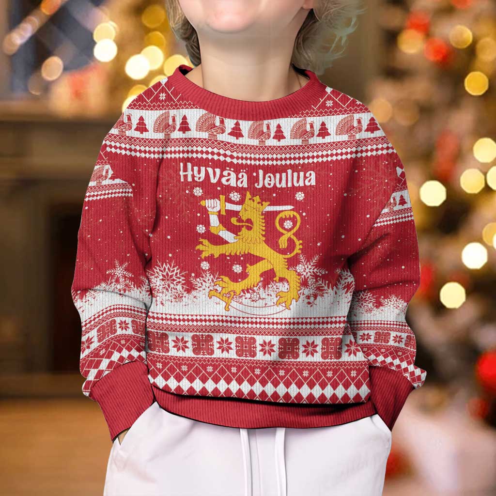 Finland Christmas Hannunvaakuna Kid Ugly Christmas Sweater Hyvaa Joulua Nordic Snow Lion Red Version - Wonder Print Shop