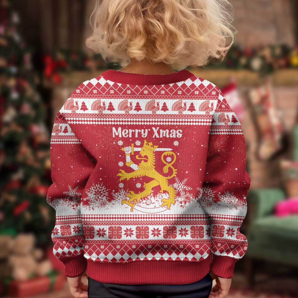 Finland Christmas Hannunvaakuna Kid Ugly Christmas Sweater Hyvaa Joulua Nordic Snow Lion Red Version - Wonder Print Shop