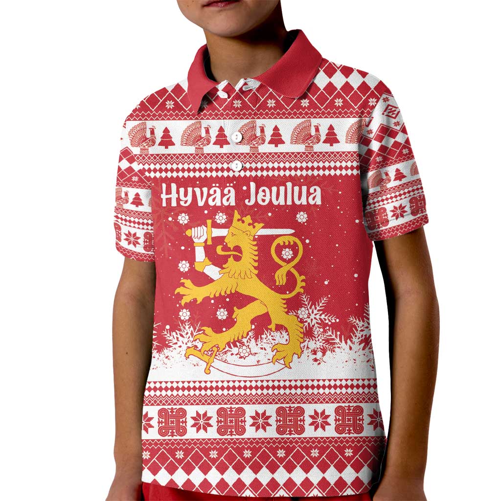 Finland Christmas Hannunvaakuna Kid Polo Shirt Hyvaa Joulua Nordic Snow Lion Red Version - Wonder Print Shop
