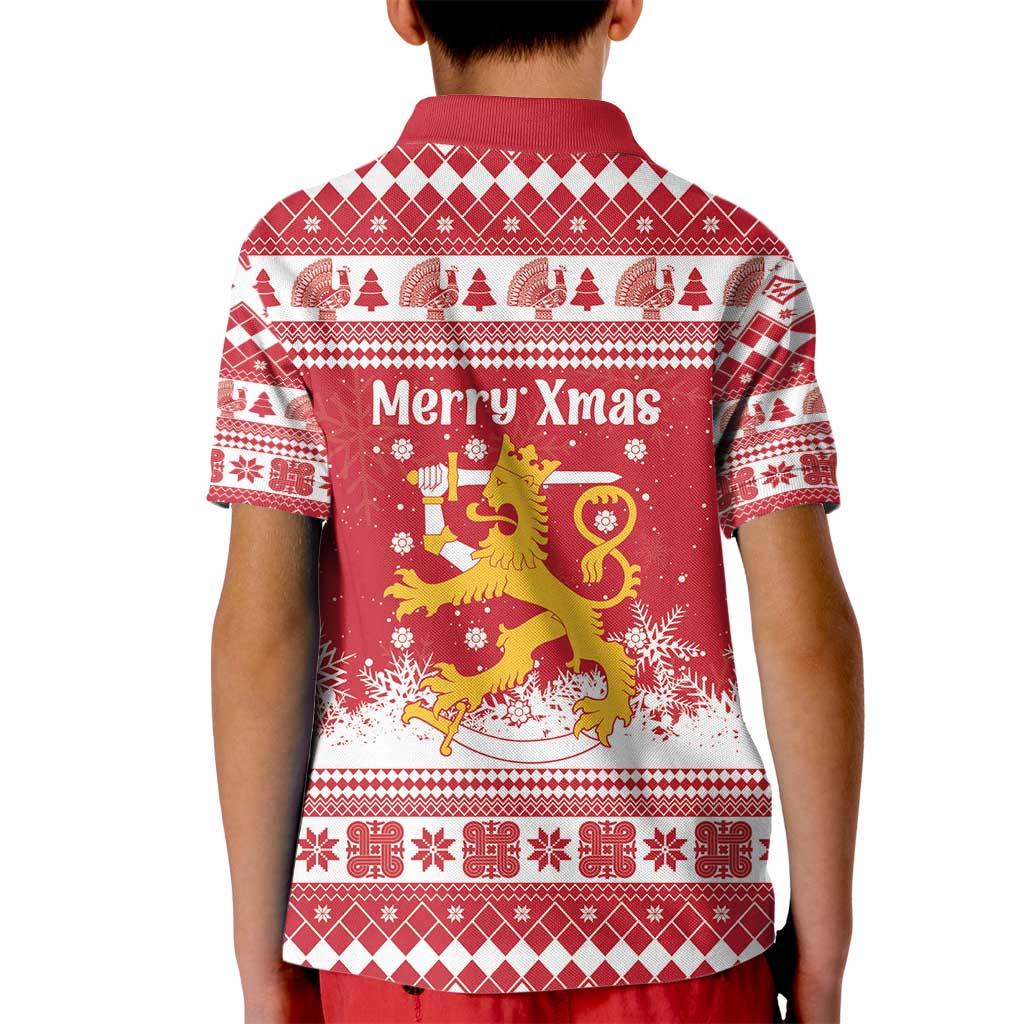 Finland Christmas Hannunvaakuna Kid Polo Shirt Hyvaa Joulua Nordic Snow Lion Red Version - Wonder Print Shop