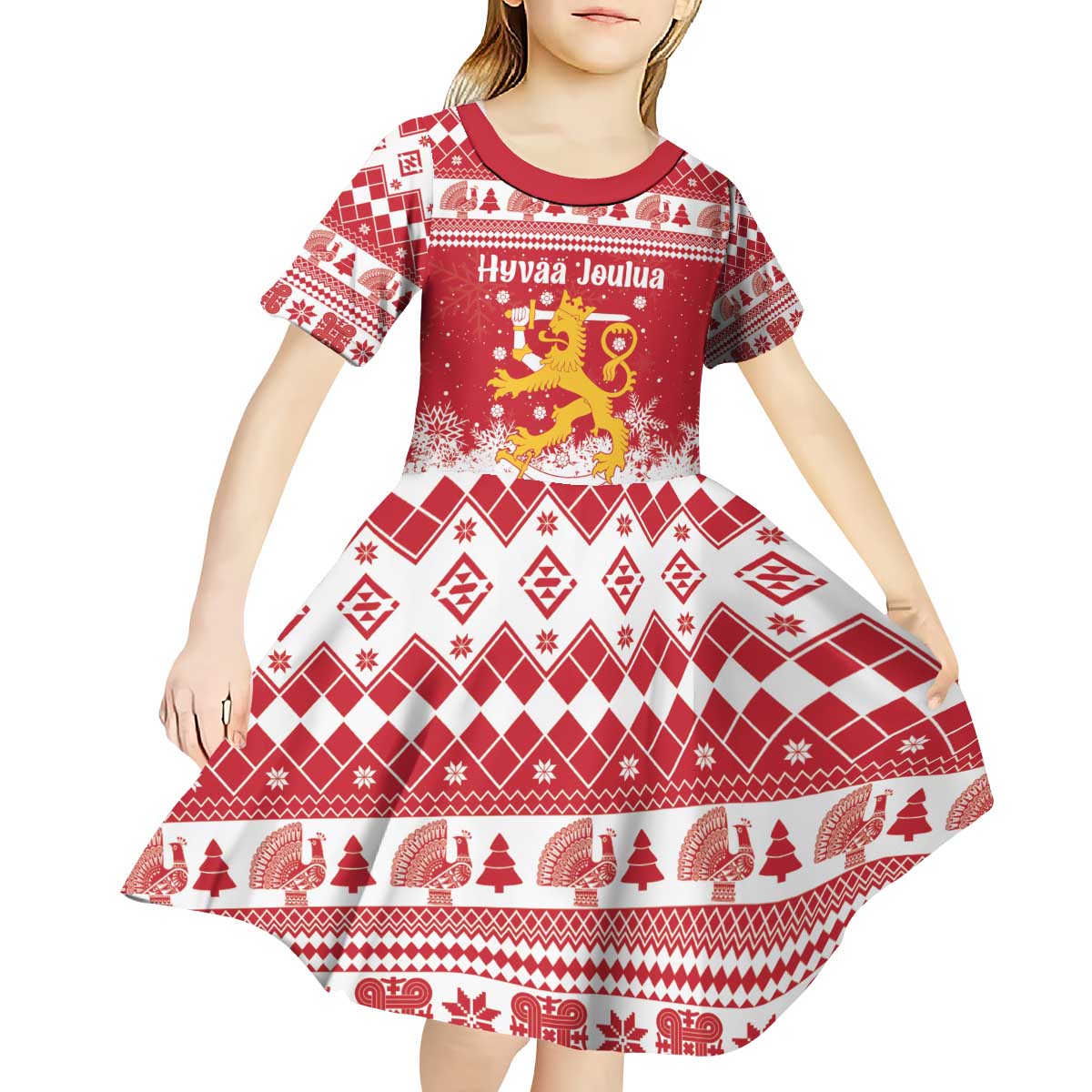 Finland Christmas Hannunvaakuna Kid Short Sleeve Dress Hyvaa Joulua Nordic Snow Lion Red Version - Wonder Print Shop
