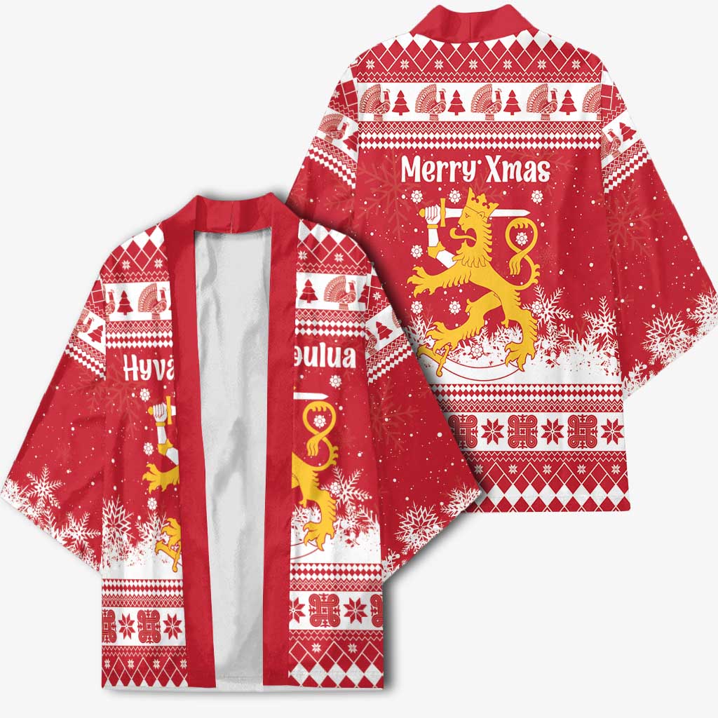 Finland Christmas Hannunvaakuna Kimono Hyvaa Joulua Nordic Snow Lion Red Version - Wonder Print Shop