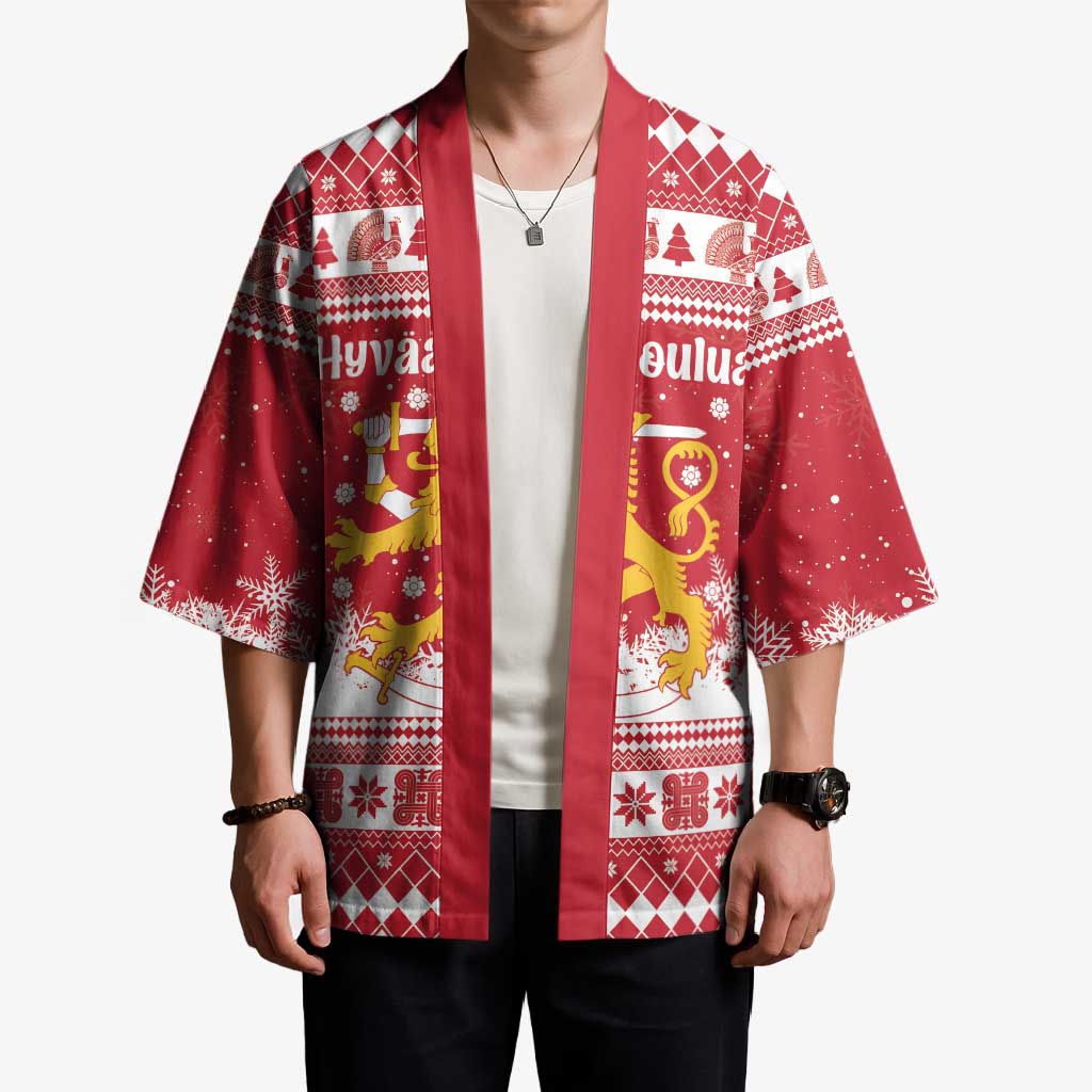 Finland Christmas Hannunvaakuna Kimono Hyvaa Joulua Nordic Snow Lion Red Version - Wonder Print Shop