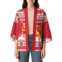 Finland Christmas Hannunvaakuna Kimono Hyvaa Joulua Nordic Snow Lion Red Version - Wonder Print Shop