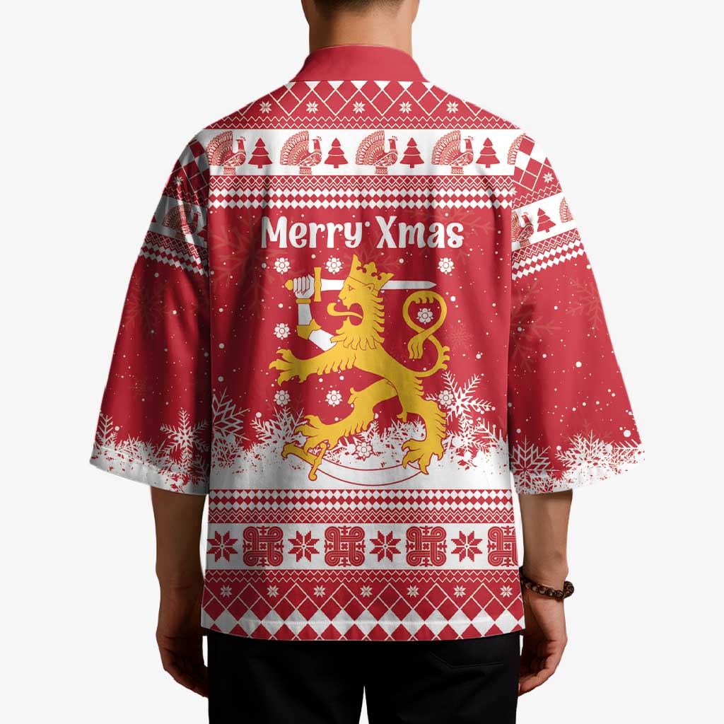 Finland Christmas Hannunvaakuna Kimono Hyvaa Joulua Nordic Snow Lion Red Version - Wonder Print Shop