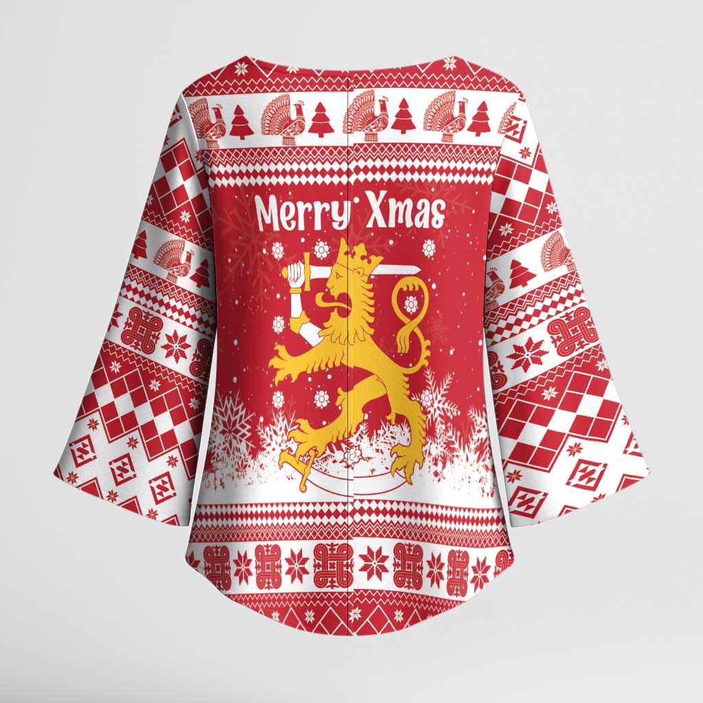 Finland Christmas Hannunvaakuna Kimono Sleeve Blouse Hyvaa Joulua Nordic Snow Lion Red Version - Wonder Print Shop