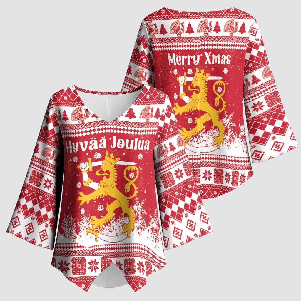 Finland Christmas Hannunvaakuna Kimono Sleeve Blouse Hyvaa Joulua Nordic Snow Lion Red Version - Wonder Print Shop