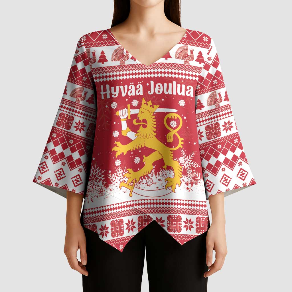Finland Christmas Hannunvaakuna Kimono Sleeve Blouse Hyvaa Joulua Nordic Snow Lion Red Version - Wonder Print Shop