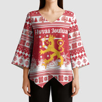 Finland Christmas Hannunvaakuna Kimono Sleeve Blouse Hyvaa Joulua Nordic Snow Lion Red Version - Wonder Print Shop