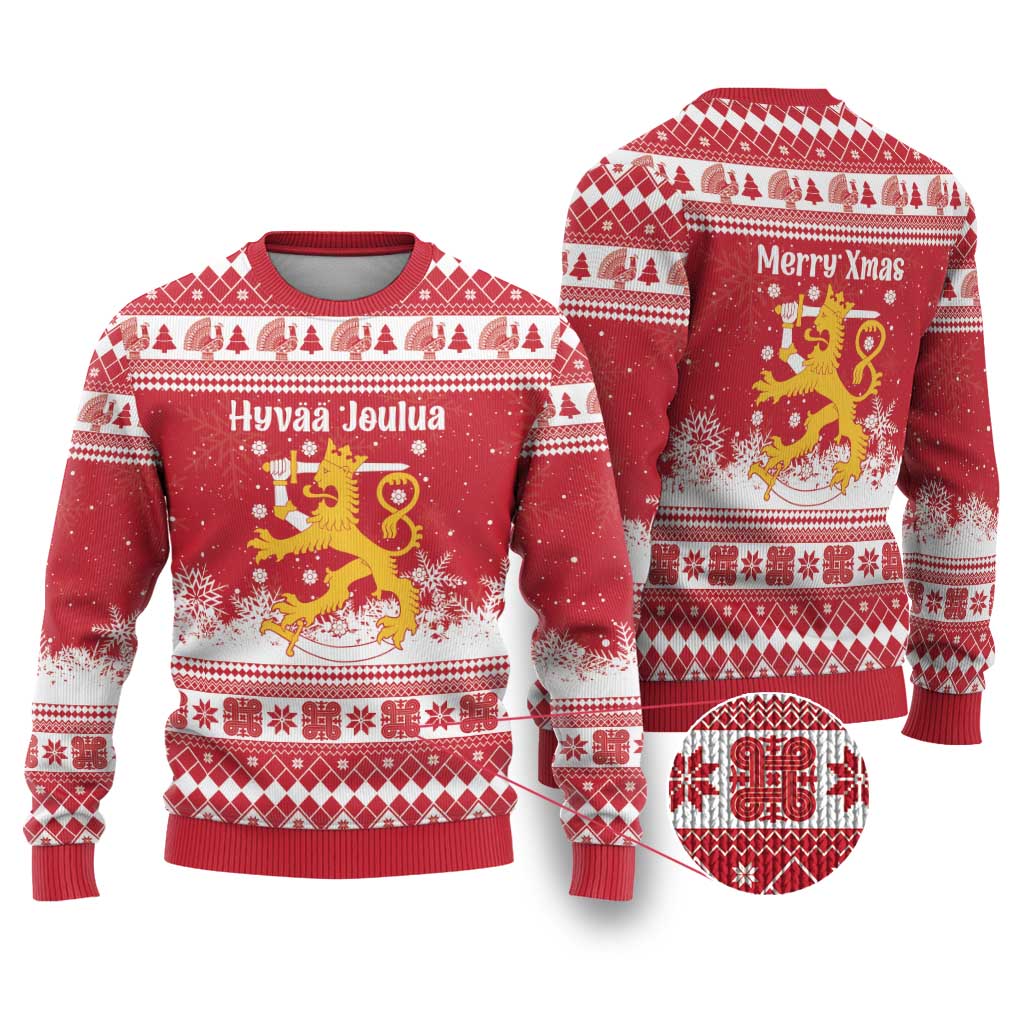 Finland Christmas Hannunvaakuna Ugly Christmas Sweater Hyvaa Joulua Nordic Snow Lion Red Version - Wonder Print Shop