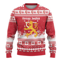 Finland Christmas Hannunvaakuna Ugly Christmas Sweater Hyvaa Joulua Nordic Snow Lion Red Version - Wonder Print Shop