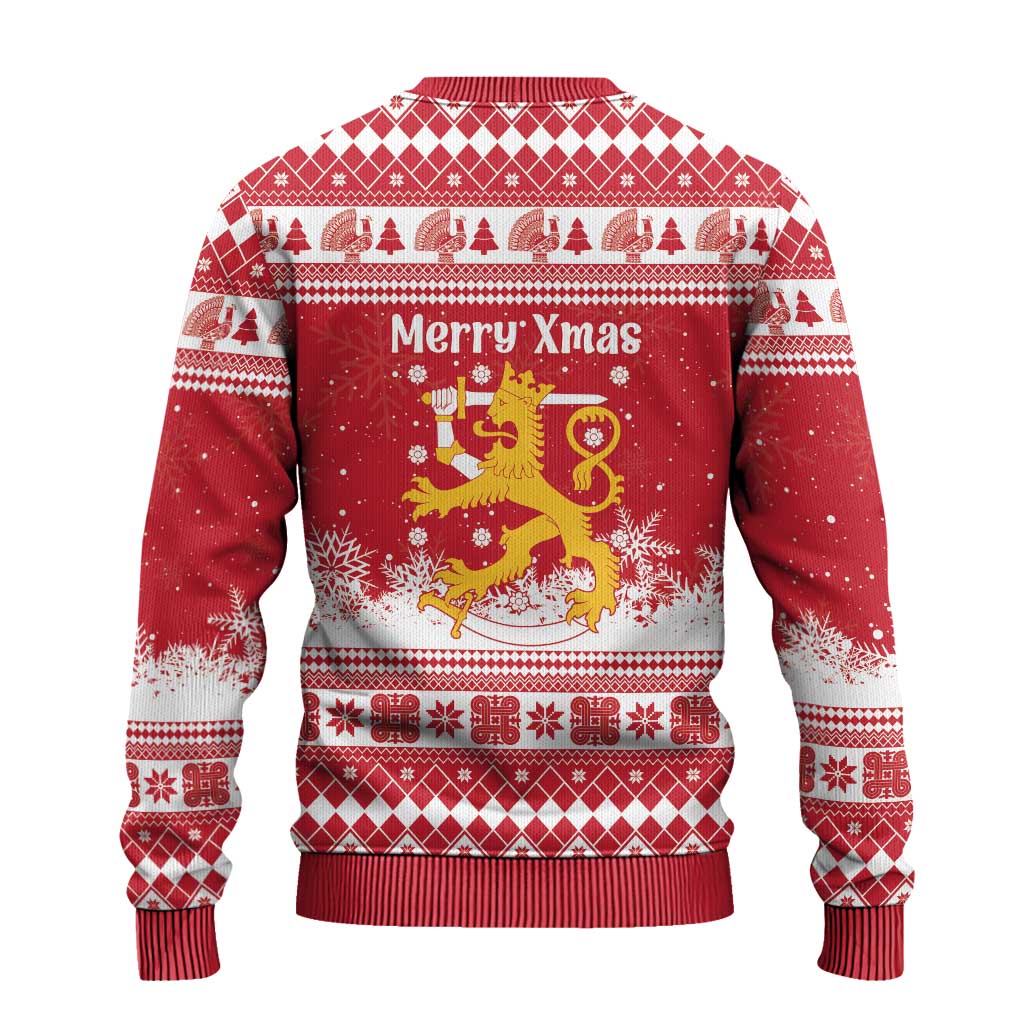 Finland Christmas Hannunvaakuna Ugly Christmas Sweater Hyvaa Joulua Nordic Snow Lion Red Version - Wonder Print Shop