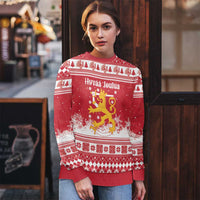Finland Christmas Hannunvaakuna Ugly Christmas Sweater Hyvaa Joulua Nordic Snow Lion Red Version - Wonder Print Shop