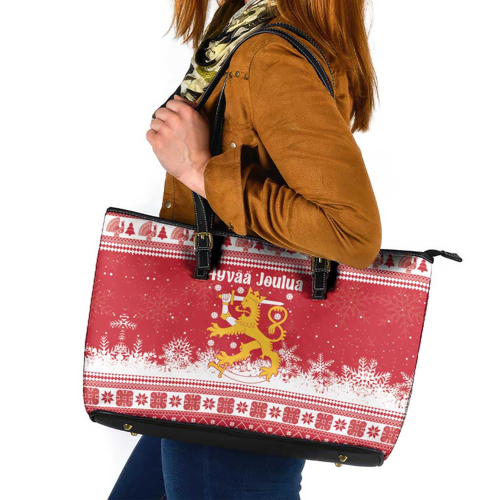 Finland Christmas Hannunvaakuna Leather Tote Bag Hyvaa Joulua Nordic Snow Lion Red Version - Wonder Print Shop