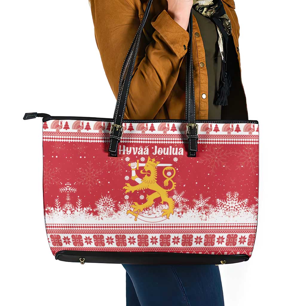 Finland Christmas Hannunvaakuna Leather Tote Bag Hyvaa Joulua Nordic Snow Lion Red Version - Wonder Print Shop