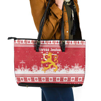 Finland Christmas Hannunvaakuna Leather Tote Bag Hyvaa Joulua Nordic Snow Lion Red Version - Wonder Print Shop