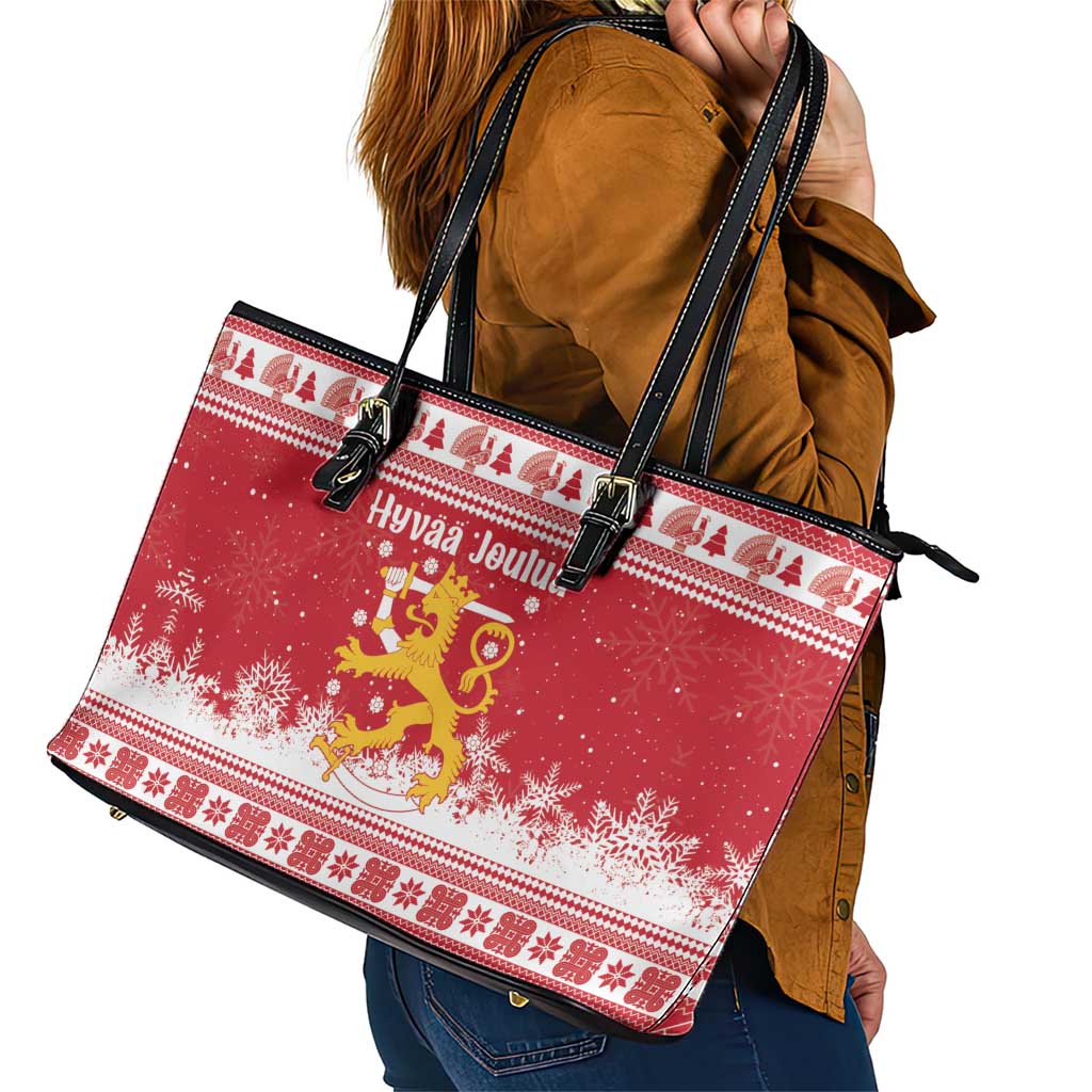 Finland Christmas Hannunvaakuna Leather Tote Bag Hyvaa Joulua Nordic Snow Lion Red Version - Wonder Print Shop