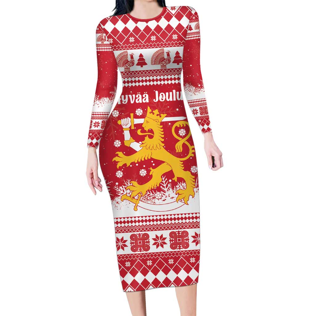 Finland Christmas Hannunvaakuna Long Sleeve Bodycon Dress Hyvaa Joulua Nordic Snow Lion Red Version - Wonder Print Shop
