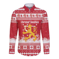 Finland Christmas Hannunvaakuna Long Sleeve Button Shirt Hyvaa Joulua Nordic Snow Lion Red Version - Wonder Print Shop