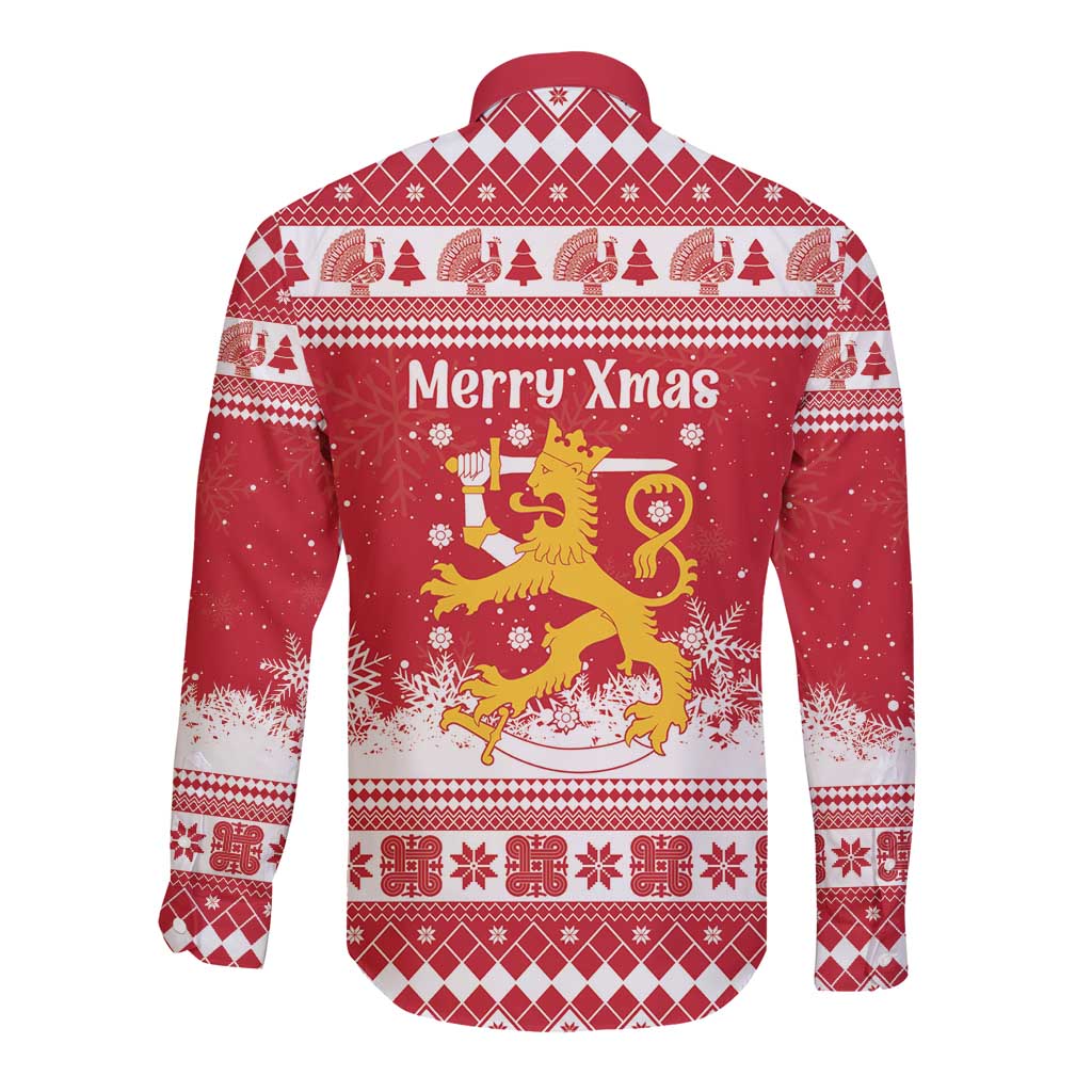 Finland Christmas Hannunvaakuna Long Sleeve Button Shirt Hyvaa Joulua Nordic Snow Lion Red Version - Wonder Print Shop