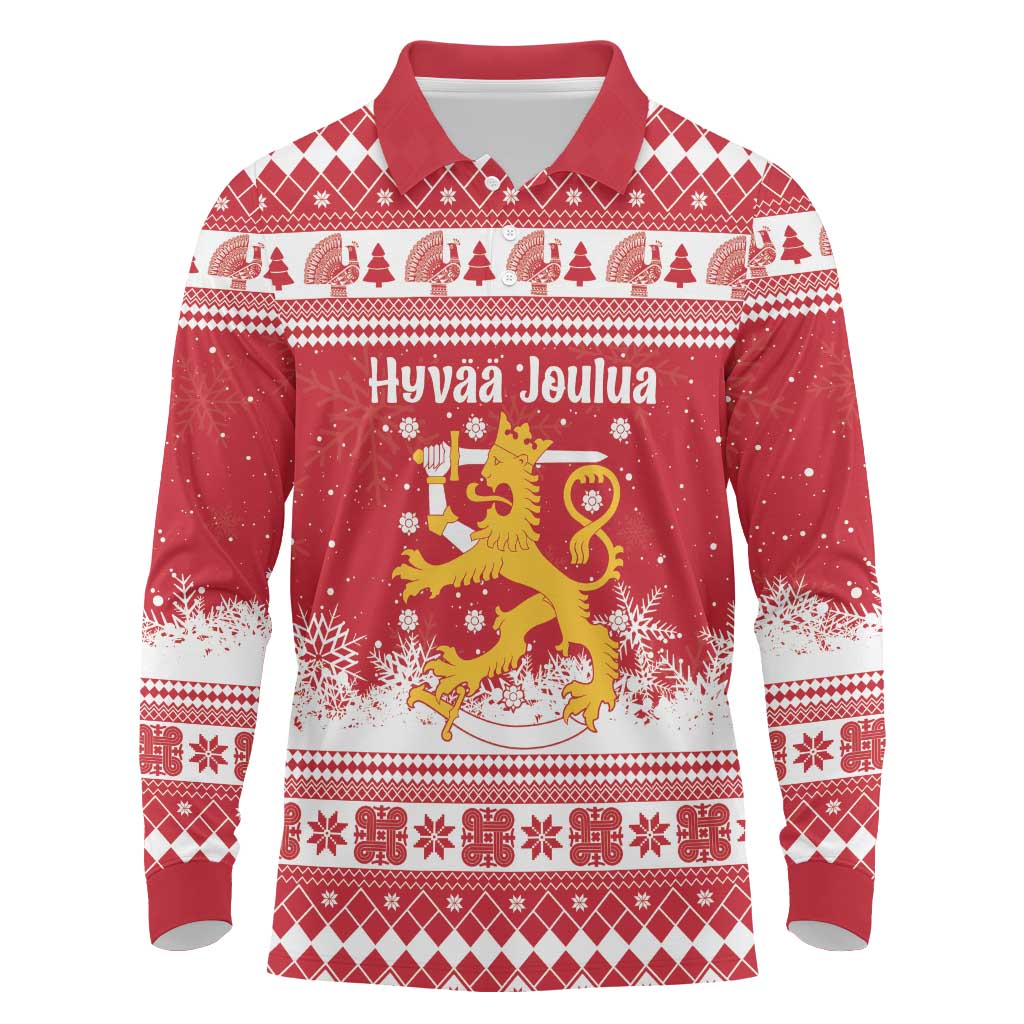 Finland Christmas Hannunvaakuna Long Sleeve Polo Shirt Hyvaa Joulua Nordic Snow Lion Red Version - Wonder Print Shop