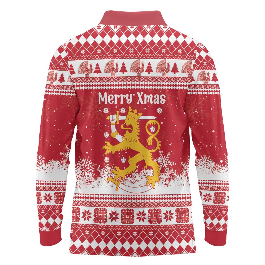 Finland Christmas Hannunvaakuna Long Sleeve Polo Shirt Hyvaa Joulua Nordic Snow Lion Red Version - Wonder Print Shop