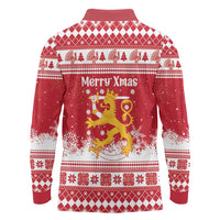 Finland Christmas Hannunvaakuna Long Sleeve Polo Shirt Hyvaa Joulua Nordic Snow Lion Red Version - Wonder Print Shop
