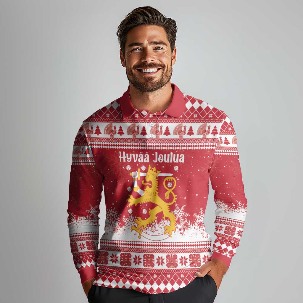 Finland Christmas Hannunvaakuna Long Sleeve Polo Shirt Hyvaa Joulua Nordic Snow Lion Red Version - Wonder Print Shop