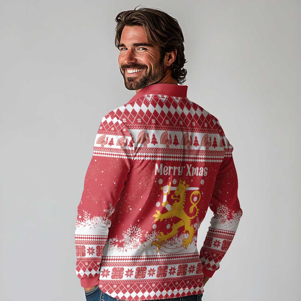 Finland Christmas Hannunvaakuna Long Sleeve Polo Shirt Hyvaa Joulua Nordic Snow Lion Red Version - Wonder Print Shop
