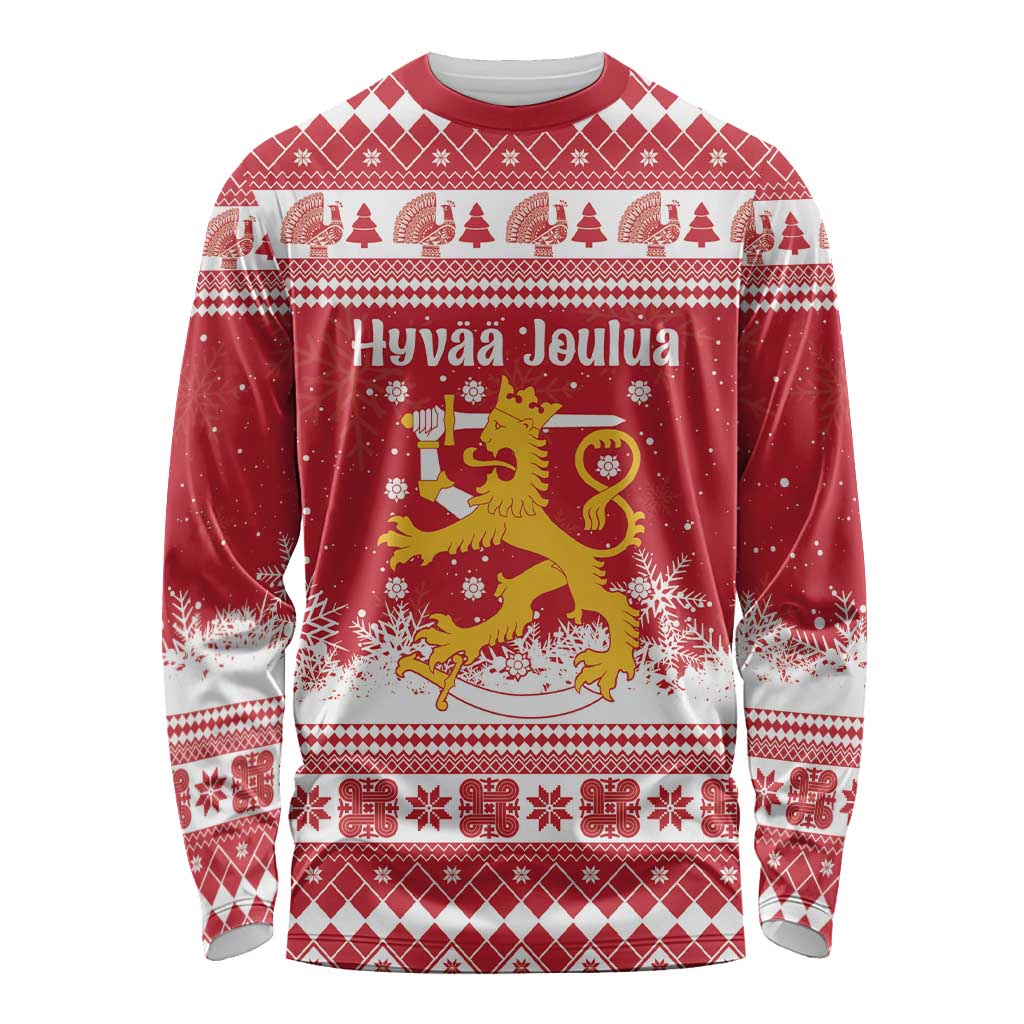 Finland Christmas Hannunvaakuna Long Sleeve Shirt Hyvaa Joulua Nordic Snow Lion Red Version - Wonder Print Shop