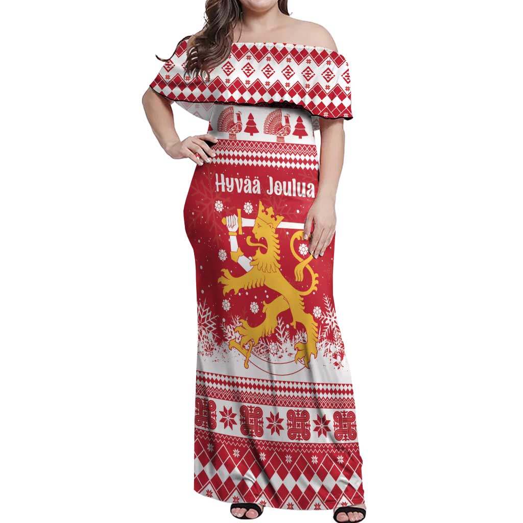 Finland Christmas Hannunvaakuna Off Shoulder Maxi Dress Hyvaa Joulua Nordic Snow Lion Red Version - Wonder Print Shop