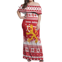 Finland Christmas Hannunvaakuna Off Shoulder Maxi Dress Hyvaa Joulua Nordic Snow Lion Red Version - Wonder Print Shop