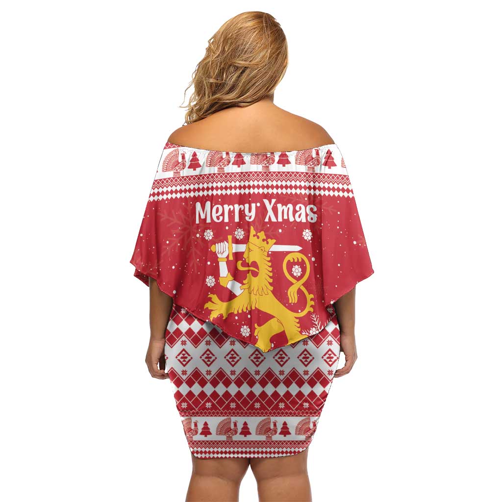 Finland Christmas Hannunvaakuna Off Shoulder Short Dress Hyvaa Joulua Nordic Snow Lion Red Version - Wonder Print Shop