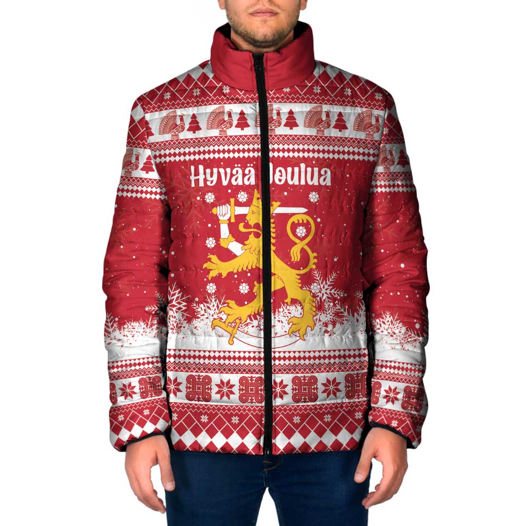 Finland Christmas Hannunvaakuna Padded Jacket Hyvaa Joulua Nordic Snow Lion Red Version - Wonder Print Shop